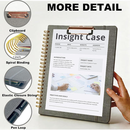 Grey Foldable Spiral Clipboard Folio with Storage Zipper Pouch, 5 Plastic Folders with Pockets,Refillable Lined Notepad (8.5" x 11"), Hardcover Project Organizer with 39 Stickers