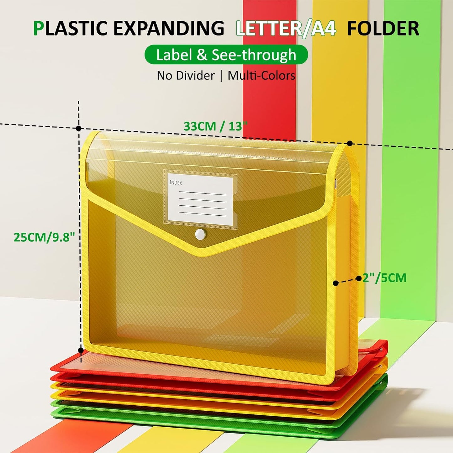 ThinkTex Plastic Expanding File Folder, Transparent Envelopes with Snap Closure, No Dividers, Large Capacity, Assorted Colors, Fits Letter / A4 Size - 5 Pack