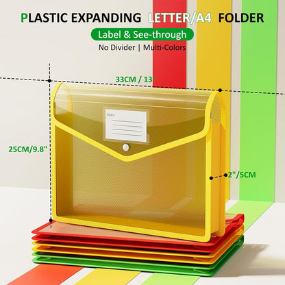 ThinkTex Plastic Expanding File Folder, Transparent Envelopes with Snap Closure, No Dividers, Large Capacity, Assorted Colors, Fits Letter / A4 Size - 5 Pack