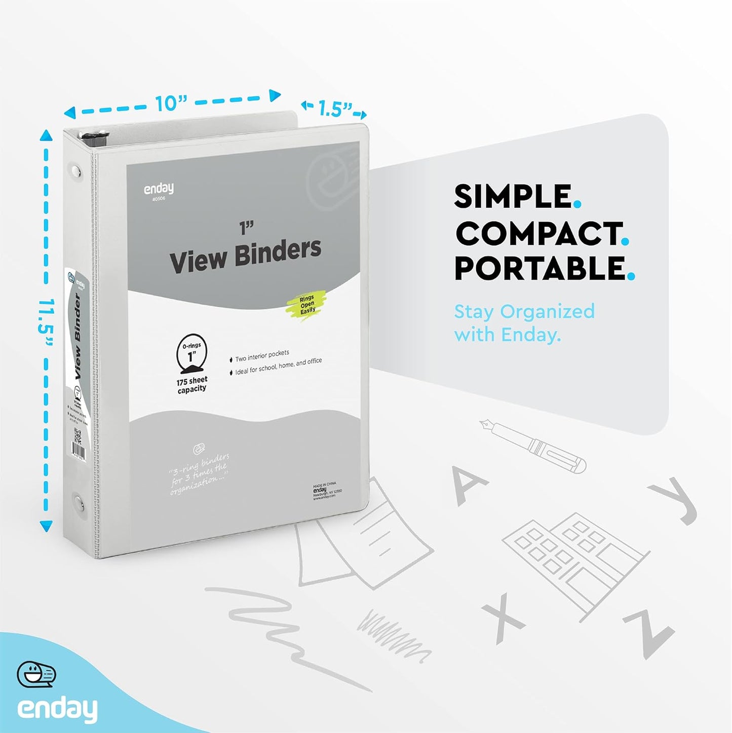 Enday 1 Inch Binder (6 Pack - Grey) 3 Ring Binder 1 inch with Clear View Cover and 2 Inside Pocket - for Letter Size 8.5 x 11'' Paper, Ideal for School Supplies, Office, and Home
