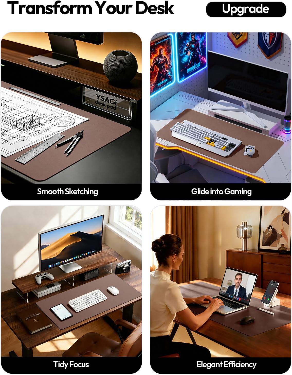 YSAGi Leather Office Desk Pad Protector, Large Mouse Pad, Non-Slip, PU Leather, Laptop Desk Blotter, Waterproof Writing Pad for Office and Home, Black, 23.6" x 13.8" - Colors B