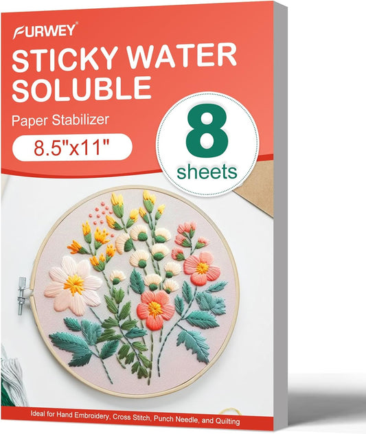 FURWEY 12PCS 8.5"x11" Wash Away Embroidery Stabilizer – Self Adhesive & Printable, Water Soluble Paper for Hand and Machine Use