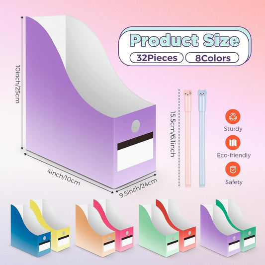 Jutom 32 Pcs Magazine File Holder Set Including Colored Foldable Desk File Holder Organizer White Label Stickers Cat Pen Cardboard Magazine Storage Box for Document School Office(Solid,Classic)