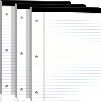 Legal Pads 8.5x11, White Notepads 8.5x11, Wide Ruled Lined with 3 Hole Punch, Loose Leaf Notebook Paper for 3 Ring Binders, 3 Pack, 30 Sheets/Pack, Perforate for School, Office, Home