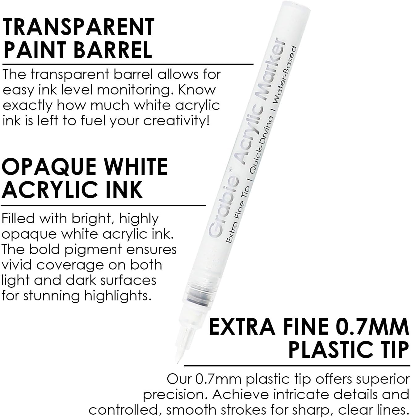 Grabie Black & White Extra Fine Tip Acrylic Paint Marker Set, 6 Pack, 0.7mm Acrylic Paint Pens for Highlights and Fine Details on Drawings, Rock Painting Glass Canvas Wood, White Highlight Markers