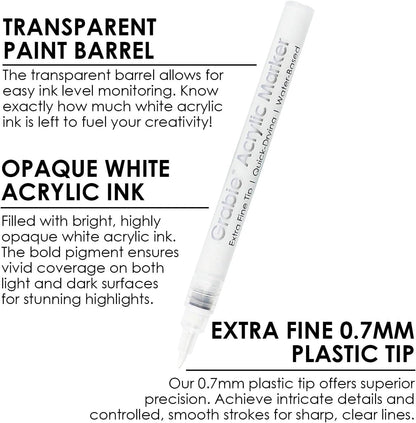 Grabie Black & White Extra Fine Tip Acrylic Paint Marker Set, 6 Pack, 0.7mm Acrylic Paint Pens for Highlights and Fine Details on Drawings, Rock Painting Glass Canvas Wood, White Highlight Markers