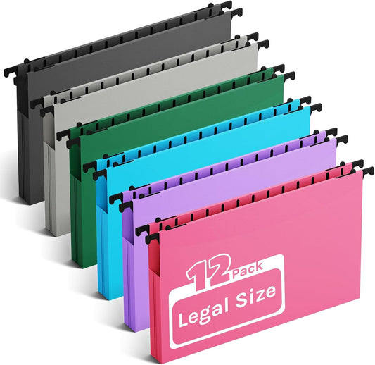 Ansook Plastic Extra Capacity Legal Hanging File Folders,Heavy Duty 2" Expansion Hanging Folder with 1/5 Tabs,12 Pack Filing Cabinet Folders,Accordion File Folders,Color File Organizer for Office