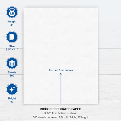 PrintWorks Professional 3 2/3" Horizontal Perforated Paper 8.5” x 11” - Perfect For W-2, 1099, & Statement Use - Made in the USA - 500 Sheets - 20 lb - Printer Compatible - White (04124)