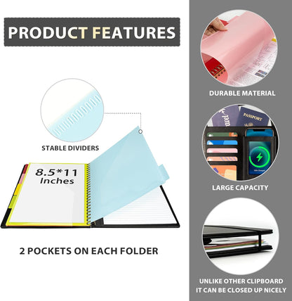 Ospelelf Clipboard with Storage for Women, Leather Padfolio Portfolio Organizer 5 Folders with 10 Pockets, Spiral Clipboard Folio with Notepad for Letter Size, Elastic Closure and Pen Loop Floral