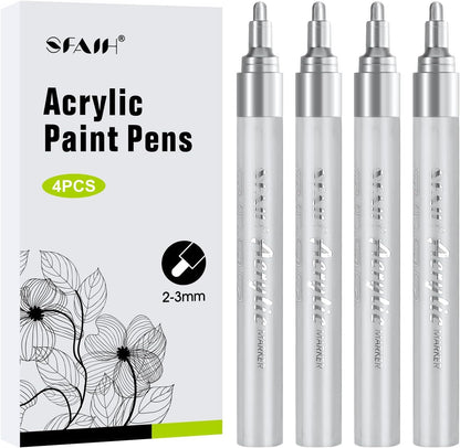 SFAIH White Paint Markers Pens - 4 Pack 2-3MM Medium Tip Acrylic White out Markers for Rock Painting, Wood, Metal, Fabric, Plastic, Canvas, Glass, Ceramic, Diy Crafts, Drawing, Tire, Correction