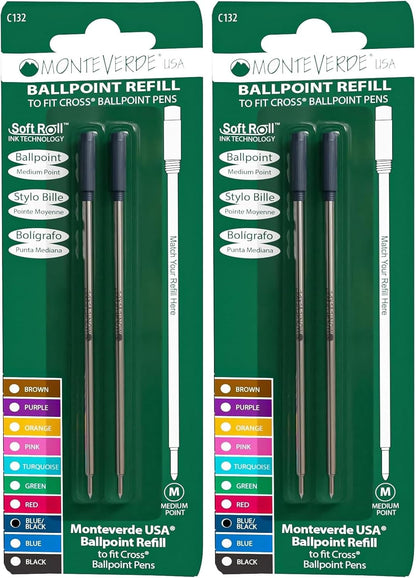 Monteverde USA Soft Ballpoint Refills to Fit Cross Pens, Medium Point, Blue/Black Ink, 2-Pack – Dual-Tone Ink for Professional Writing