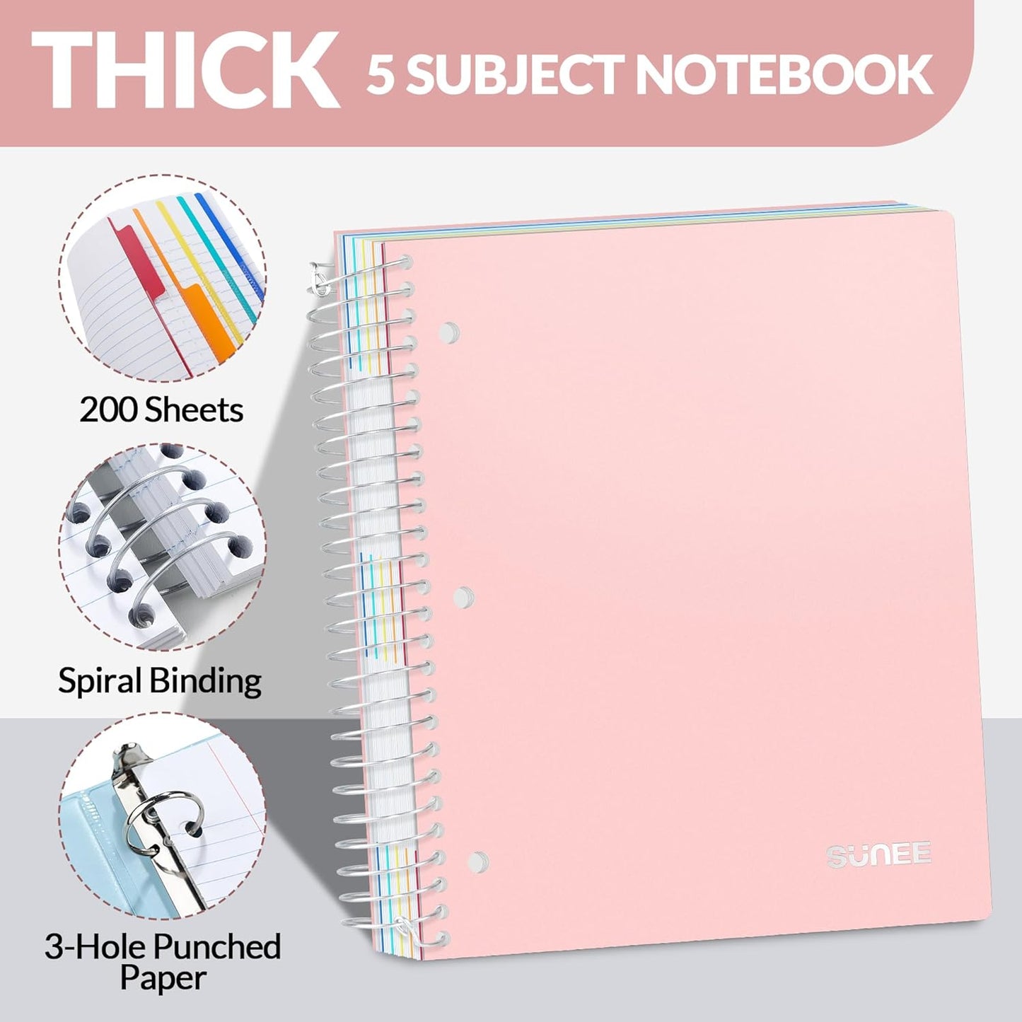 SUNEE 5 Subject Graph Paper Notebook - 400 Pages, 9"x11", 4x4 Graph Ruled Notebook, 5 Pocket Colored Dividers, 3-Hole Punched Paper, Black