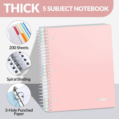 SUNEE 5 Subject Graph Paper Notebook - 400 Pages, 9"x11", 4x4 Graph Ruled Notebook, 5 Pocket Colored Dividers, 3-Hole Punched Paper, Black