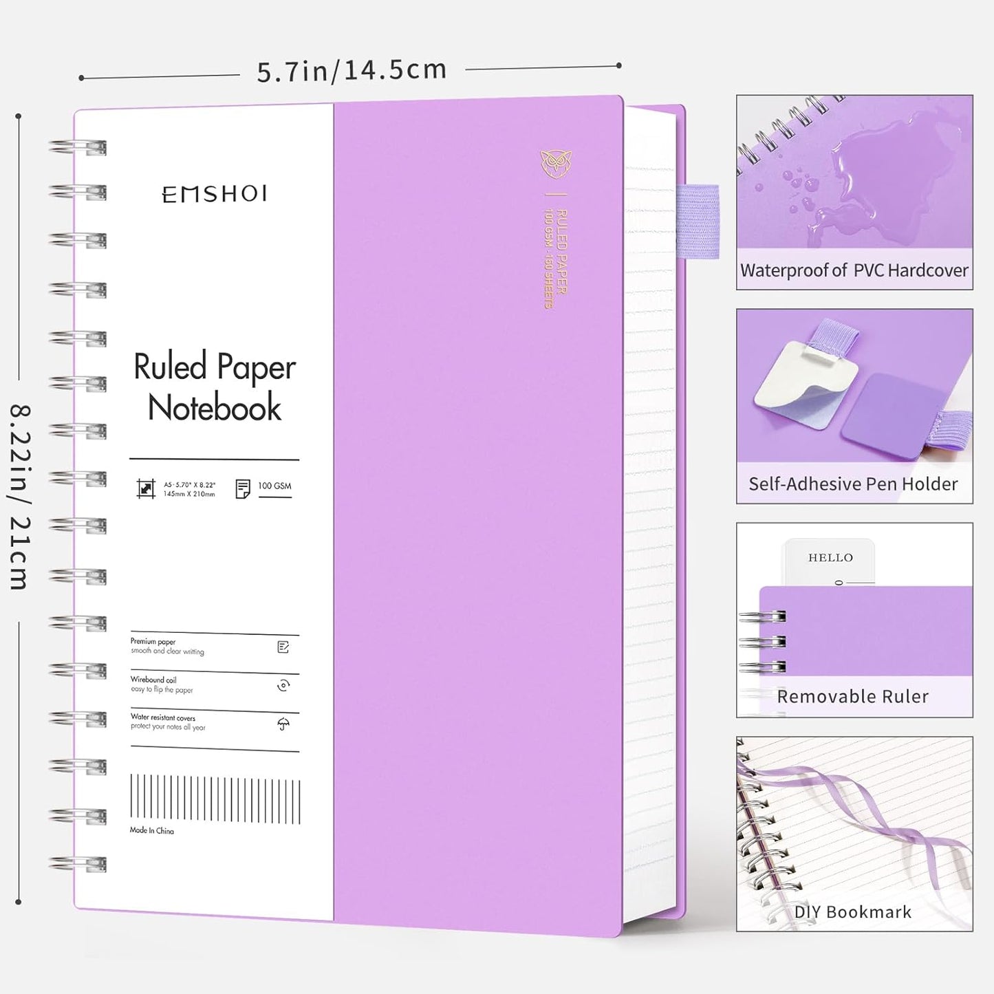 EMSHOI A5 Spiral Notebook College Ruled Lined Journal, Small 5.7" X 8.22", 300 Pages/150 Sheets, 100gsm Thick Paper, Waterproof Hardcover, for Office School Women Men Work Writing Notes, Blue