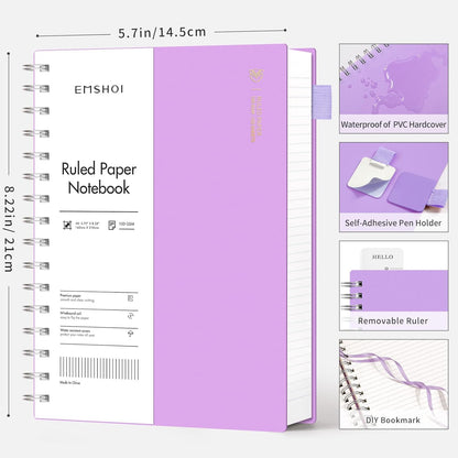 EMSHOI A5 Spiral Notebook College Ruled Lined Journal, Small 5.7" X 8.22", 300 Pages/150 Sheets, 100gsm Thick Paper, Waterproof Hardcover, for Office School Women Men Work Writing Notes, Blue