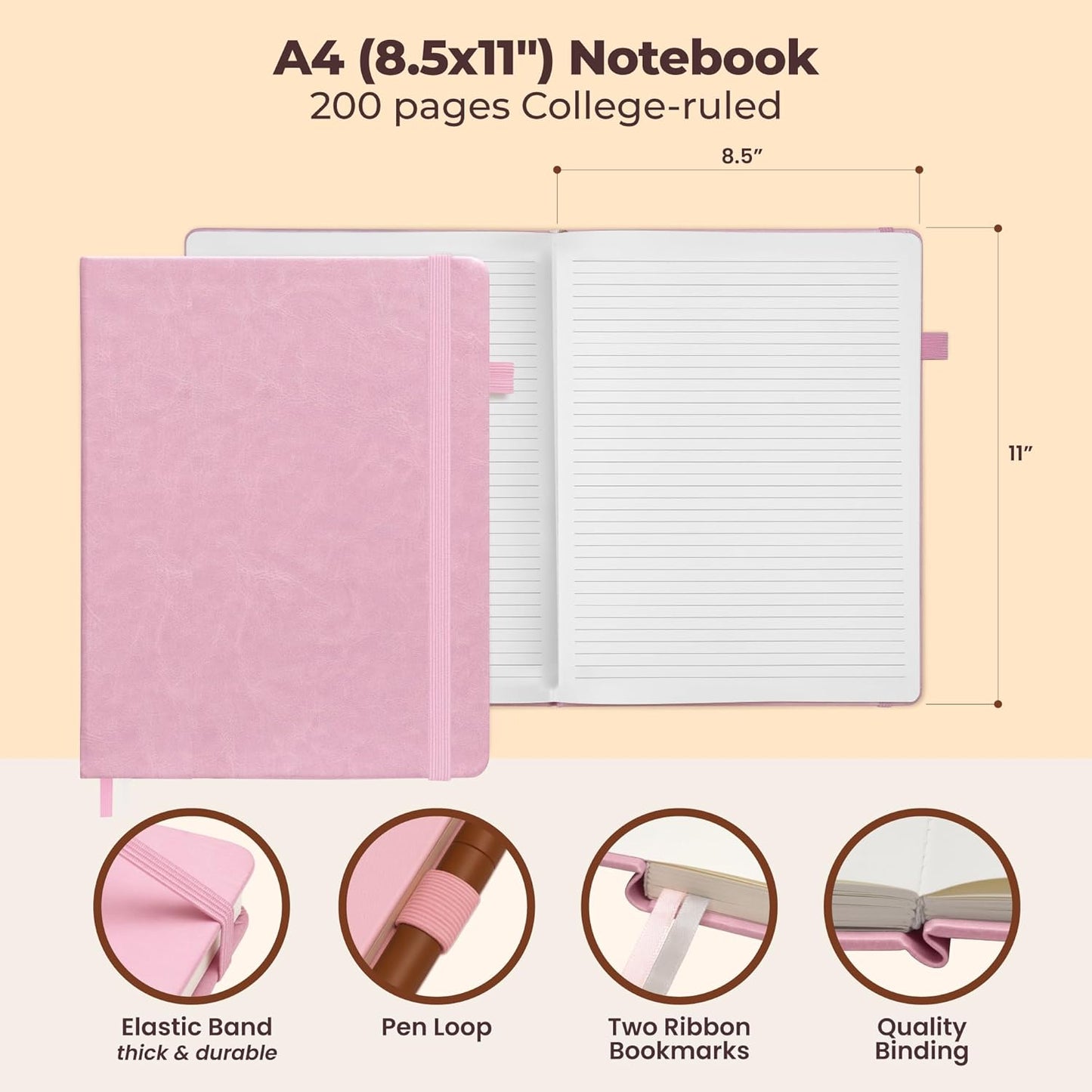 Classic Lined Journal Notebook 8.5x11" A4 Hardcover Leather - Brown - 200 Pages College Ruled Large with Sticky Tabs, Pockets, and Pen Loop for Writing and Journaling - Big Hardback Men and Women
