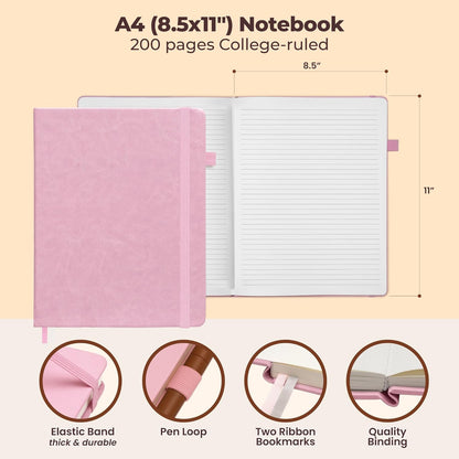 Classic Lined Journal Notebook 8.5x11" A4 Hardcover Leather - Brown - 200 Pages College Ruled Large with Sticky Tabs, Pockets, and Pen Loop for Writing and Journaling - Big Hardback Men and Women