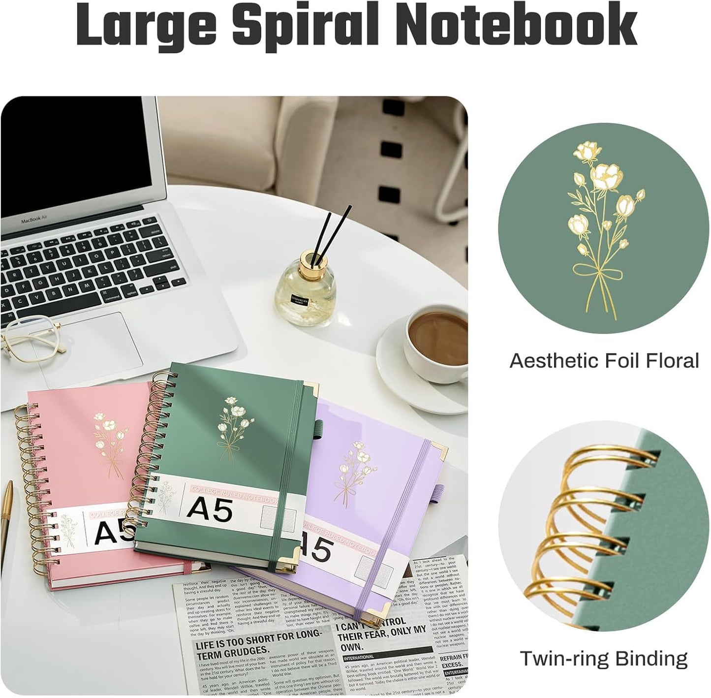 Hardcover Spiral Notebooks 8.5" X 11" Note Taking 5 Subject Notebook College Ruled with Dividers 240 Pages 100GSM Aesthetic Spiral Notebook for Work School Cute Journals for Women Writing