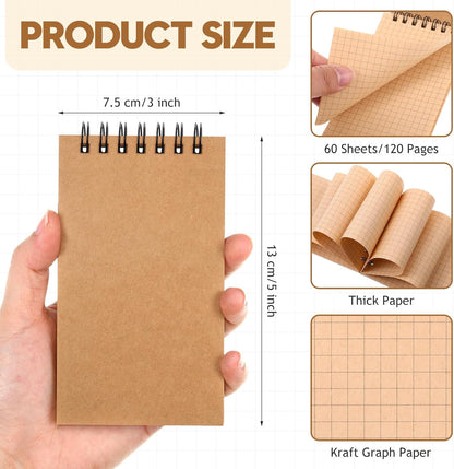 Jutom 2 Pcs Mini Pocket Notebooks Bulk 3x5 Graph Paper Top Spiral Notebook 120 Pages 80 Gsm Mini Grid Notepads Small Memo Pads for Home Classroom Office Business Work Supplies (Kraft)