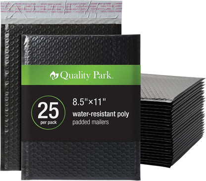 Quality Park Bubble Mailers, 8.5 x 11 Shipping Envelopes, Water Resistant White Poly Padded Envelopes, Redi-Strip Peel Off Closure, 25/Box (QUA85859)