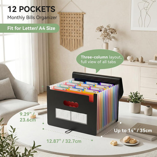 ThinkTex Expanding File Folder 12 Pockets Accordion File Organizer/Portable Expandable Plastic Filing Box, Accordion Bill/Paper/Document/Receipt Organizer Folders with Colored Tabs(A4/Letter Size)
