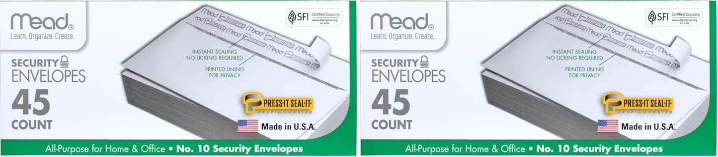 Mead #10 Security Business Envelopes Letter Size 4-1/8" x 9-1/2" – Peel and Seal, Privacy Lined, No-Window, Press-It Seal-It Self-Adhesive for Home & Office Mailing, 45 Count (75026)