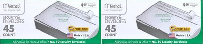 Mead #10 Security Business Envelopes Letter Size 4-1/8" x 9-1/2" – Peel and Seal, Privacy Lined, No-Window, Press-It Seal-It Self-Adhesive for Home & Office Mailing, 45 Count (75026)