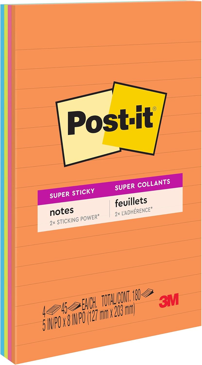 Post-it Super Sticky Lined Notes, 4 Sticky Note Pads, 5 x 8 in., School Supplies, Office Products, Sticky Notes for Vertical Surfaces, Monitors, Walls and Windows, Energy Boost Collection