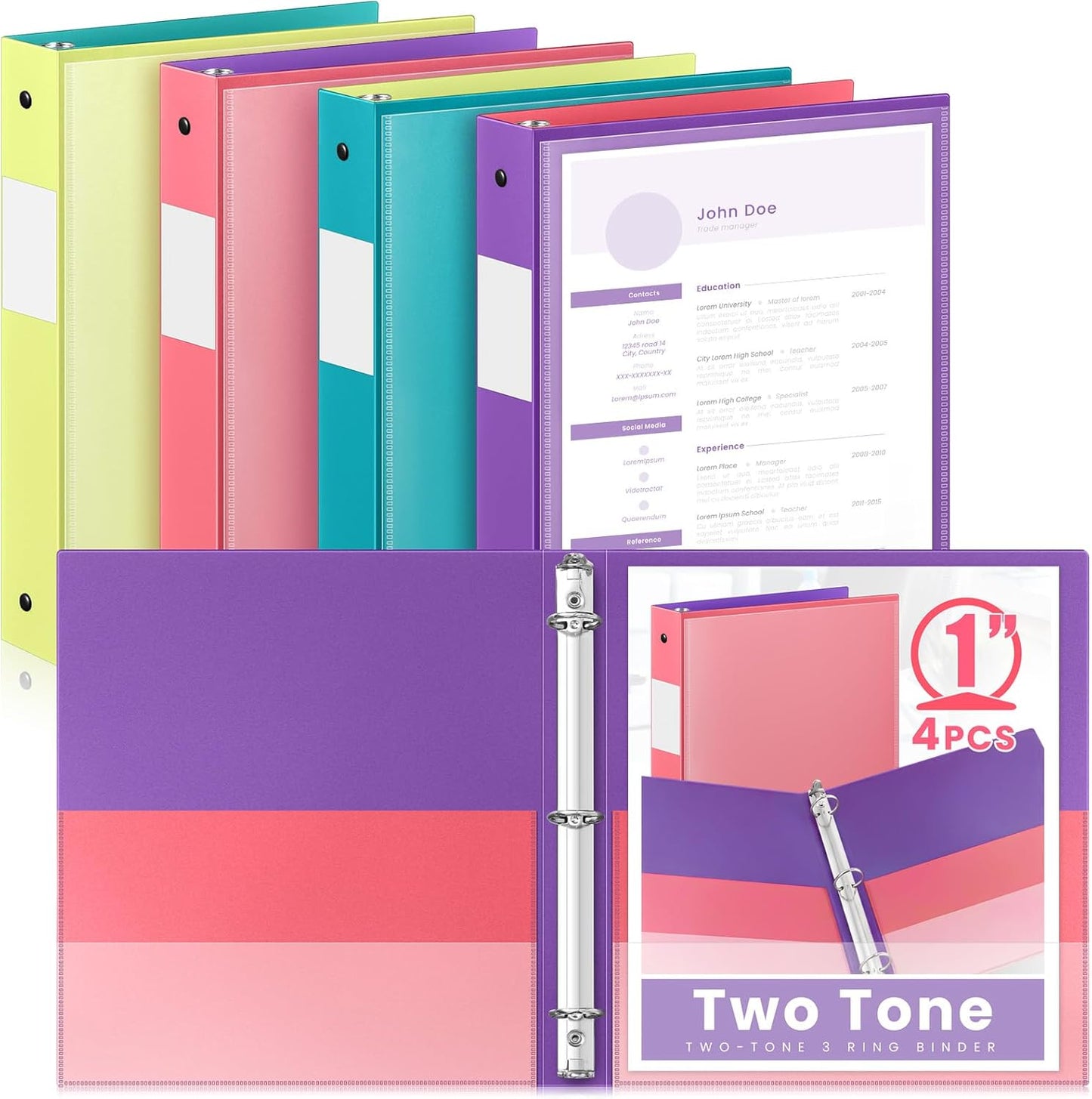 Henoyso 4 Pack Plastic Two-Tone View 3 Ring Binder, 1 Inch Round Ring Binder with Four Inner Pockets, Heavy Duty View Binders for School and Office, Pink, Teal, Purple and Lime (Clear Font Pocket)