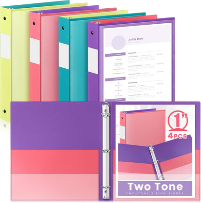 Henoyso 4 Pack Plastic Two-Tone View 3 Ring Binder, 1 Inch Round Ring Binder with Four Inner Pockets, Heavy Duty View Binders for School and Office, Pink, Teal, Purple and Lime (Clear Font Pocket)