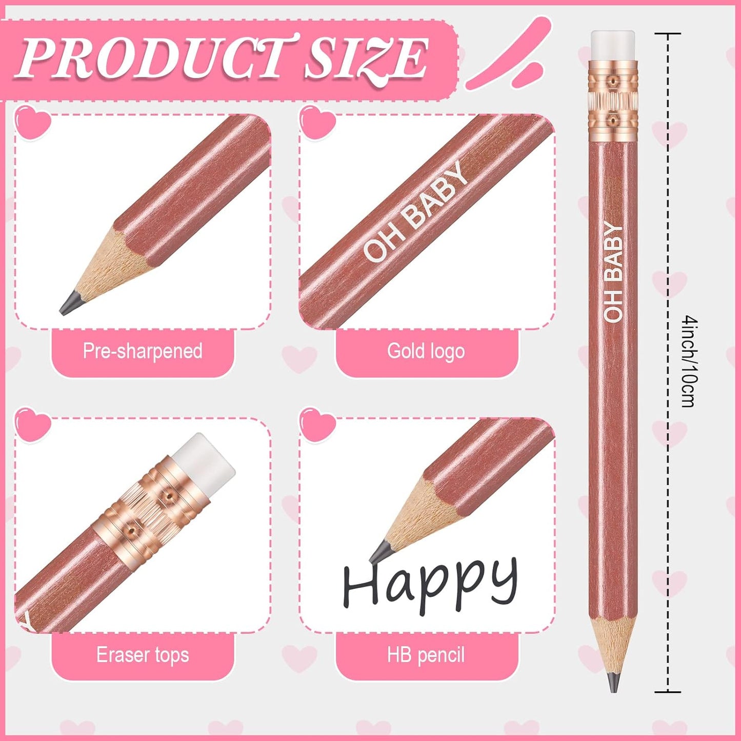 Crtiin 50 Pieces Baby Shower Pencils for Activities Mini Golf Half Pencils, Presharpened with Erasers, 4 Inch(Wood Color,Simple Style)