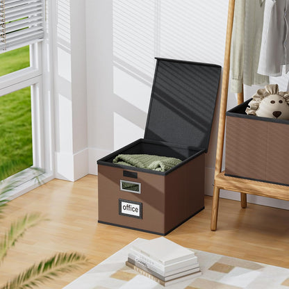 Huolewa Upgraded Portable File Organizer Box with Lid, Collapsible Linen Hanging Filing Storage Boxes with Plastic Slides, Decorative Home/Office Filing System Box for File and Folders Storage (Gray)