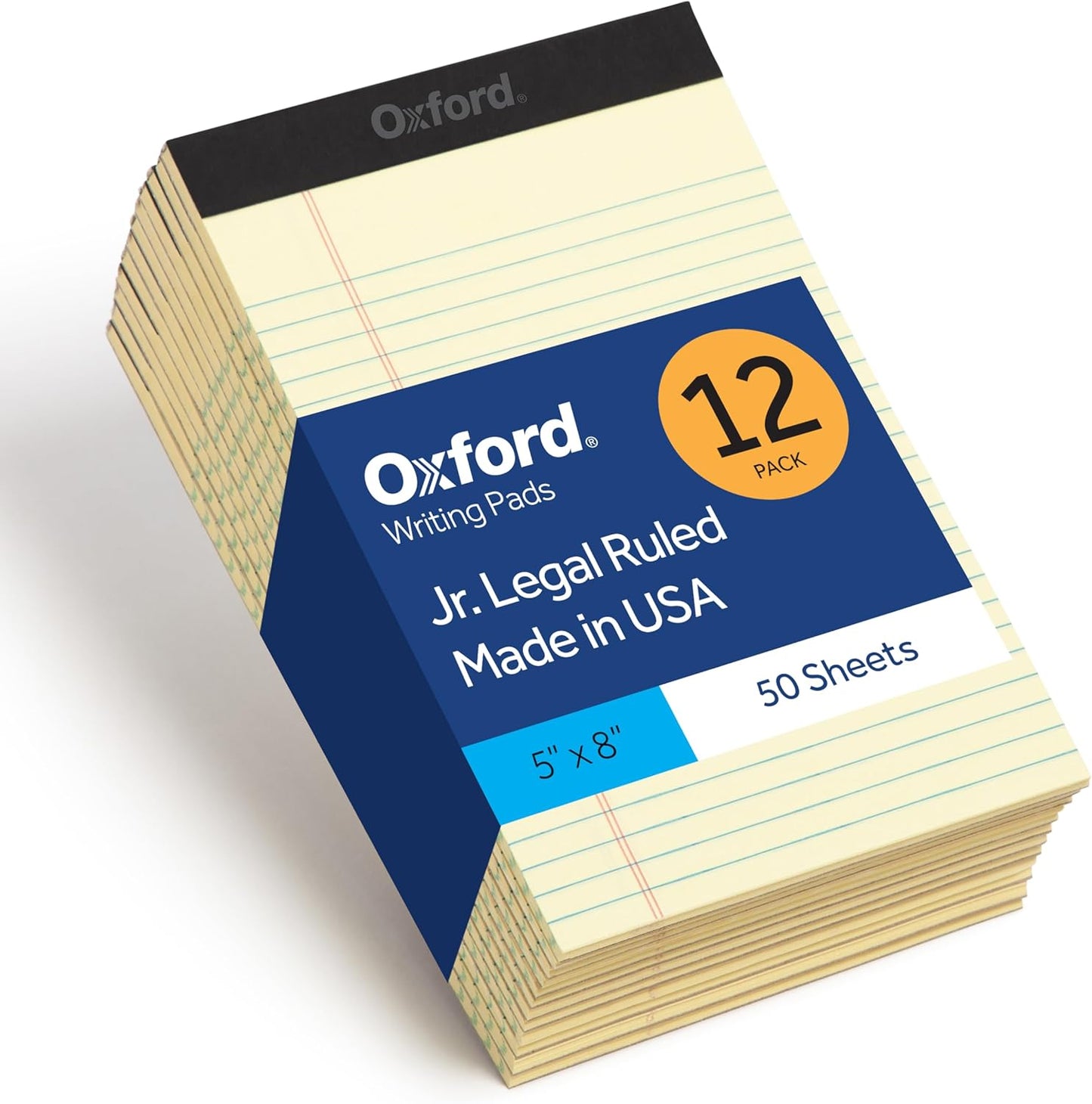 Oxford Premium Legal Pads, 12 Pack, Premium Note Pads, 50 Jr. Legal Ruled 5" x 8" Sheets, Canary Yellow Paper with Firm Back, Small Portable Notepads