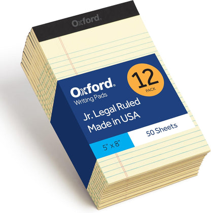 Oxford Premium Legal Pads, 12 Pack, Premium Note Pads, 50 Jr. Legal Ruled 5" x 8" Sheets, Canary Yellow Paper with Firm Back, Small Portable Notepads
