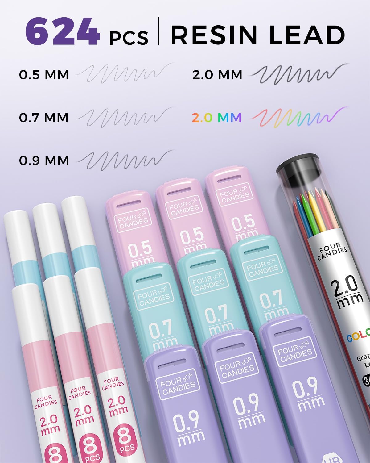 Four Candies 42PCS Aesthetic School Supplies, Mechanical Pencil Set 0.5mm, 0.7mm, 0.9mm, 2.0mm with 696 Lead Refills, Pastel Mechanical Pencils for Writing, Drawing & Drafting (Cream)