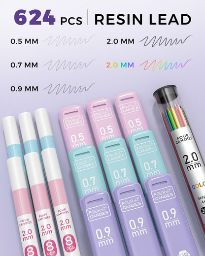 Four Candies 42PCS Aesthetic School Supplies, Mechanical Pencil Set 0.5mm, 0.7mm, 0.9mm, 2.0mm with 696 Lead Refills, Pastel Mechanical Pencils for Writing, Drawing & Drafting (Cream)