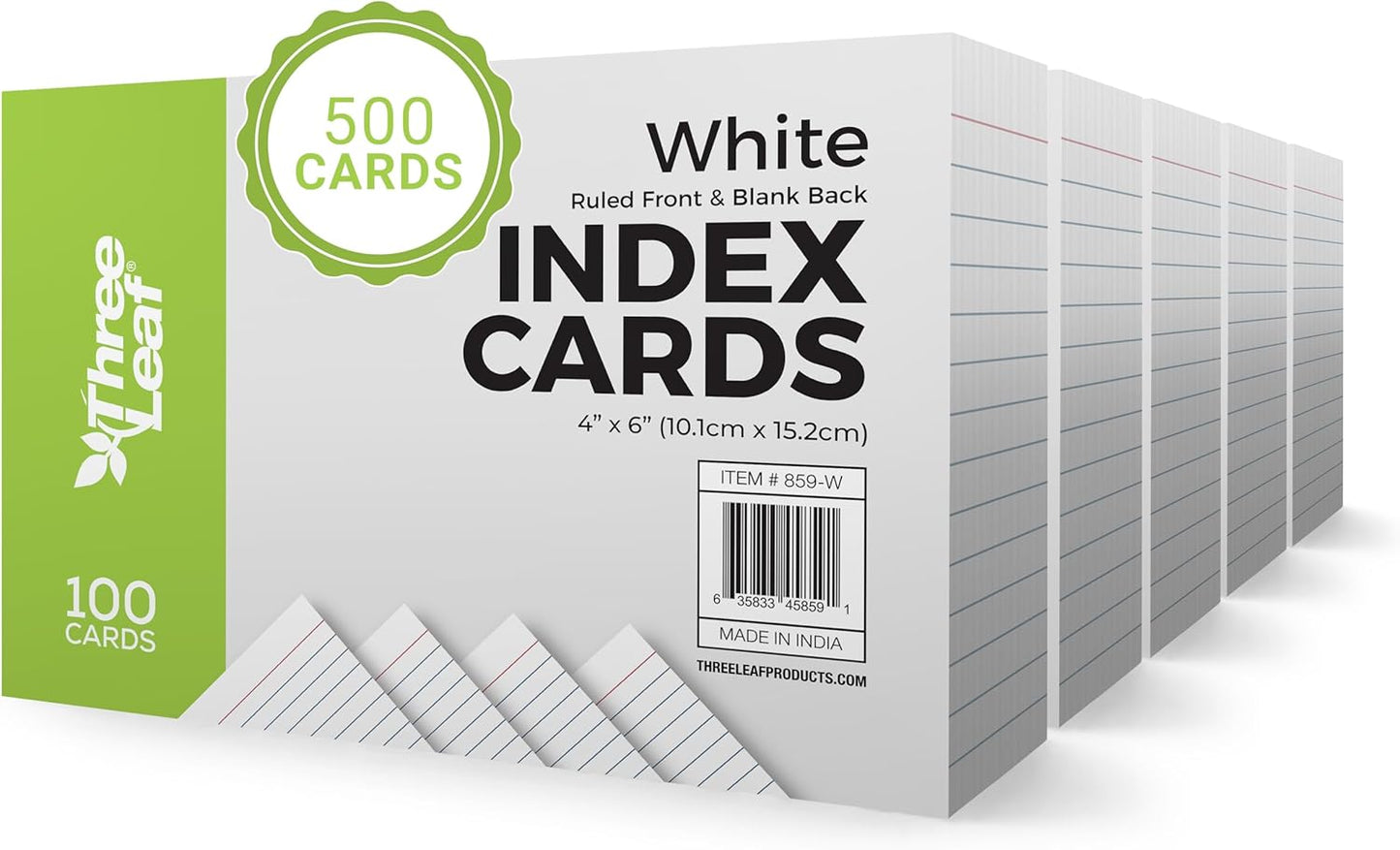 THREE LEAF 3 X 5, INDEX CARDS RULED, 100 CT. WHITE, Ruled Flash Cards, Study Card, Memo Pad, For To-Do List, Art And Craft Projects