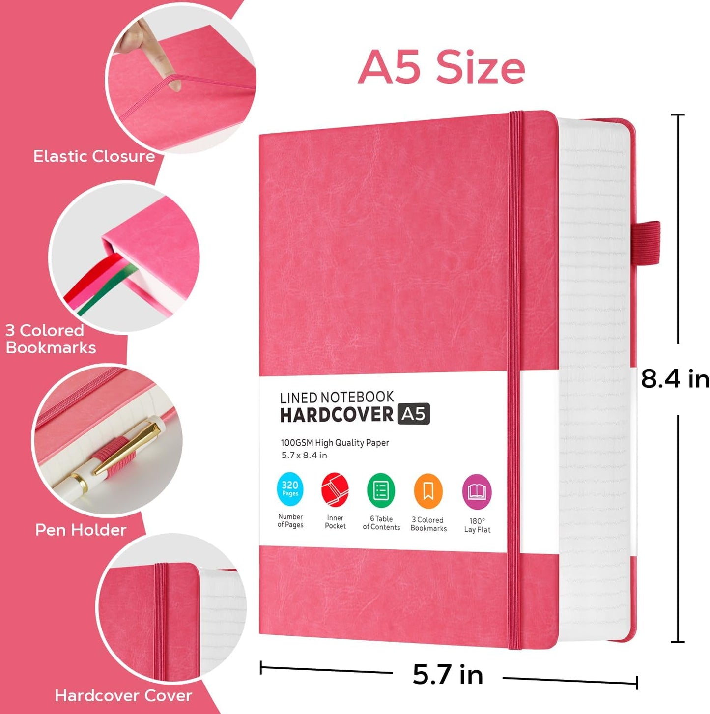 Hardcover Lined Notebook Journal for Writing, 320 Pages Leather Thick College Ruled Notebook Journal with 100GSM Paper, A5 (5.7'' X 8.4'') Daily Journal for Women Men Work Organization, Black