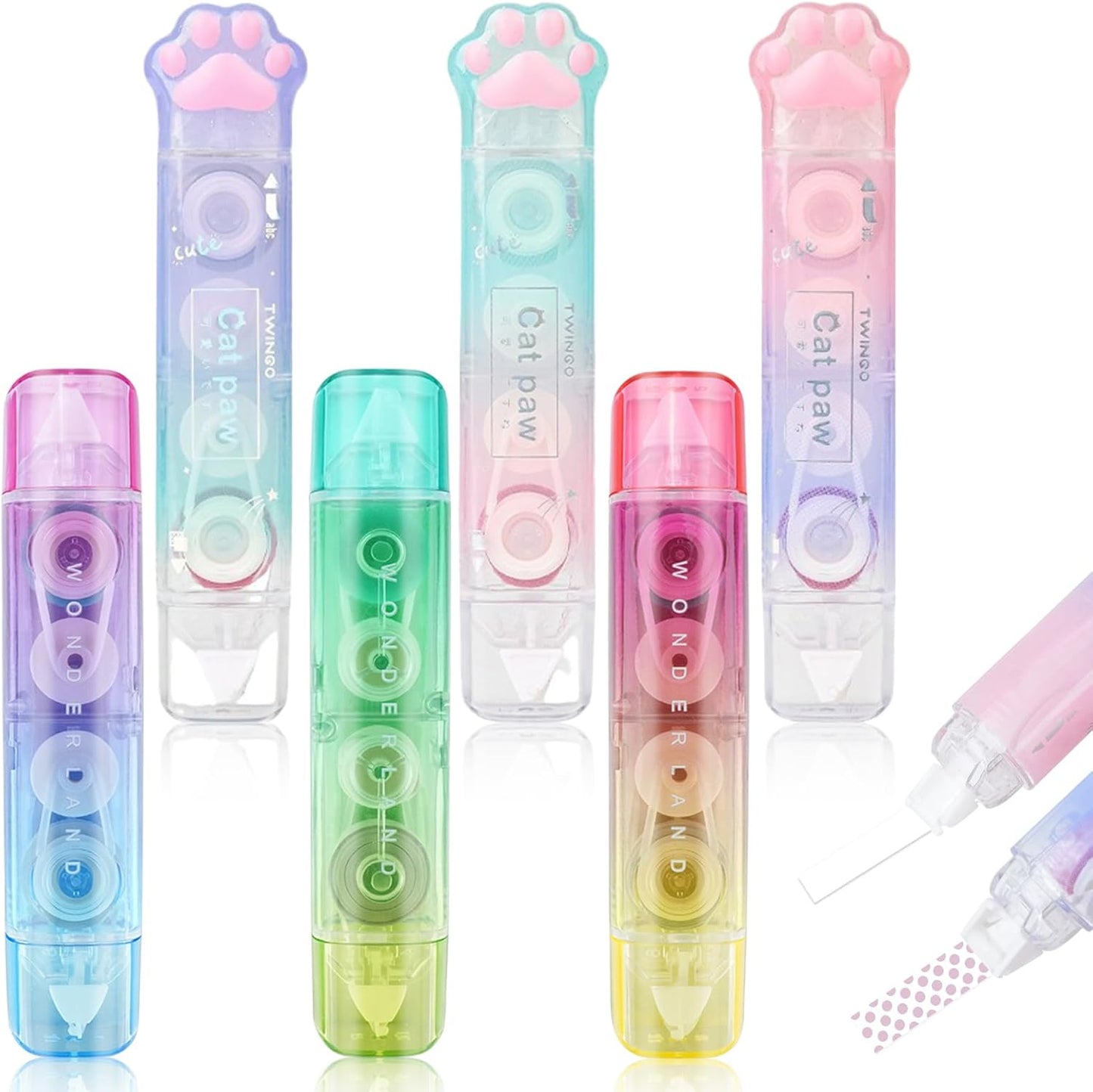 RETON 6 Pcs White Out Correction Tape, 2 in 1 Correction Tape and Double Sided Tape Roller, Cute Cat Paw Correction Tape Pen with Adhesive Glue Tape Roller Runner for School Office Scrapbook Supplies