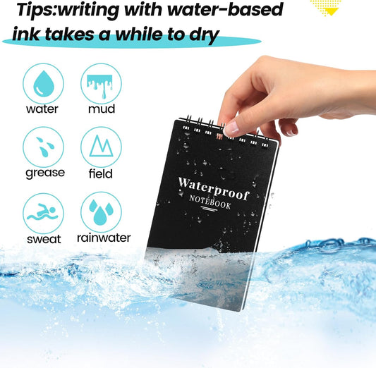 wavamawa 6 Pack Waterproof Notebook, 3x5 Pocket Notepad, Small Top Spiral Stone-Paper Notepad, Mini Pocket Notebook, Little Memo Note Pads for Outdoor, Office, School, Travel (Black)