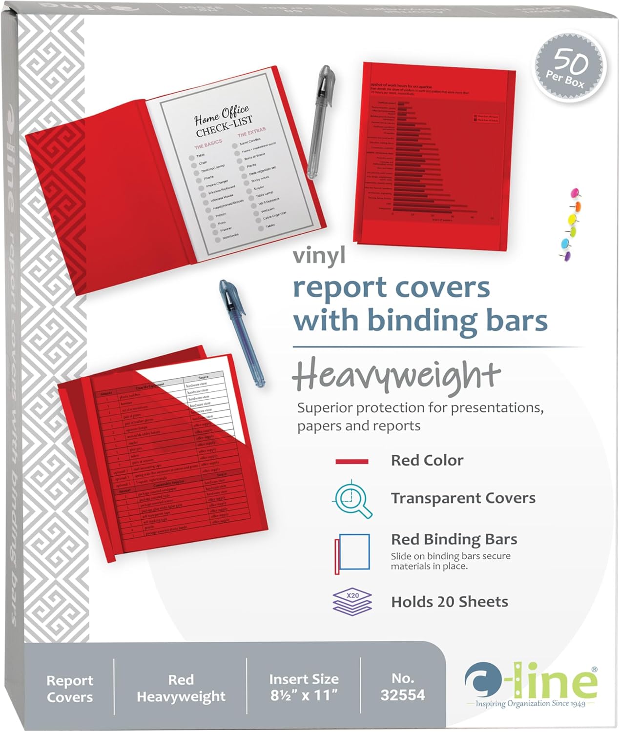 C-Line Report Covers with Binding Bars, Red Vinyl, Red Bars, 8.5 x 11 Inches, 50 per Box (32554)