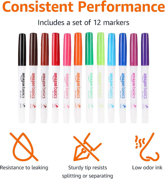 Amazon Basics Low Odor Ultra Fine Tip Dry Erase Whiteboard Markers for Precise Writing, Thin Lines, Assorted Colors, 12-Pack