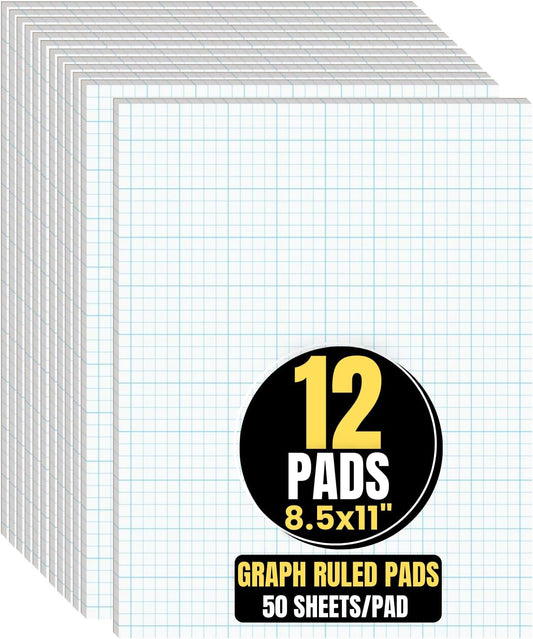 1InTheOffice Graph Paper Pads, Quadrille Ruled Writing Pad White Economy, 8 1/2" x 11 3/4" - 12/Pack