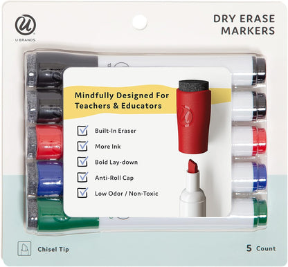 U Brands Dry Erase Markers, Fine Tip Whiteboard Markers, Chisel Tip, Low Odor, Black Dry Erase Marker Set with Eraser Caps, Office School Classroom Supplies, 12 Count
