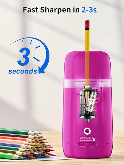 JARLINK Automatic Electric Pencil Sharpener - Hands-Free Operation, 3 Sharpness Modes, 3-Second Sharpening, Rechargeable & Portable for 7-12mm Pencils, Ideal for Classroom and Home Use (Black)