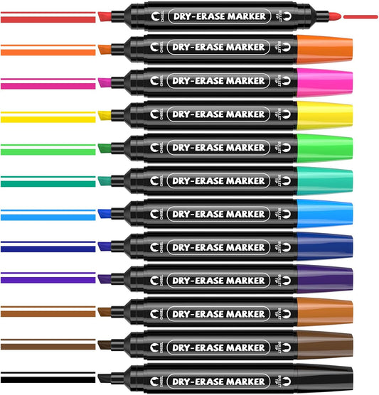 AKARUED 12 Colorful Dry Erase Markers: Dual Tip Dry & Wet Erase Marker With Thick Chisel& Bullet Tip, Double Sided Vibrant Whiteboard Markers for Whiteboard,Glass Board,Home,Office,Classroom Must-Have
