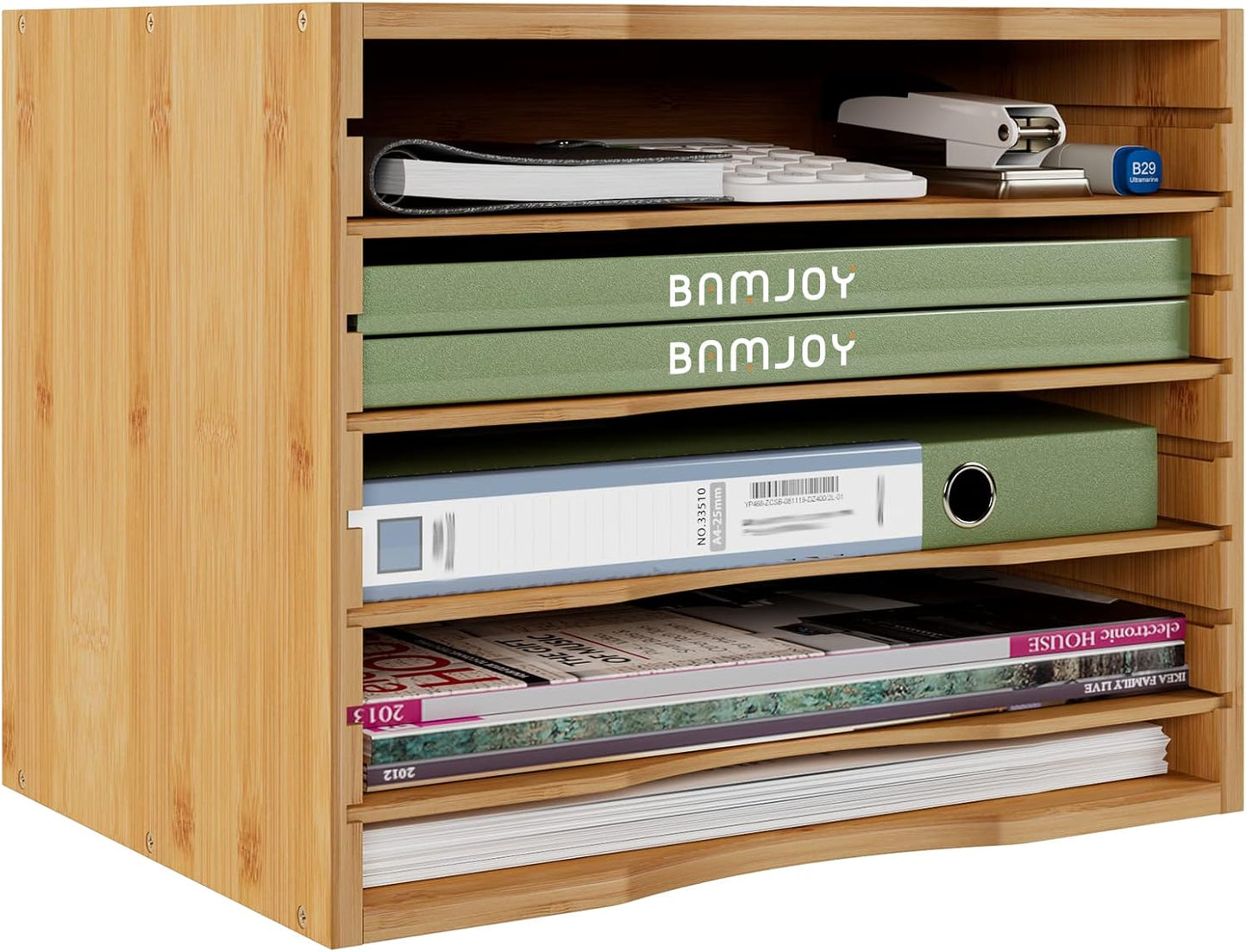 Bamjoy Bamboo 5 Tier Desktop Organizer, Paper Organizer Mail Sorter, File Holder Letter Document Storage with Adjustable Shelves for School Home Office, White