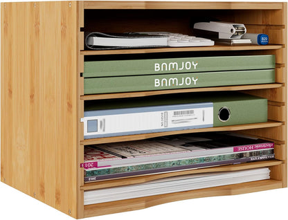 Bamjoy Bamboo 5 Tier Desktop Organizer, Paper Organizer Mail Sorter, File Holder Letter Document Storage with Adjustable Shelves for School Home Office, White