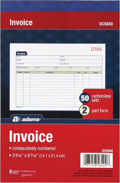 Adams Invoice Book 3 Pack, 2 Part Carbonless Invoices, Horizontal Sales Slip, 5-9/16 x 8-7/16 Inches, 50 Sets per Book (DC5840-3)