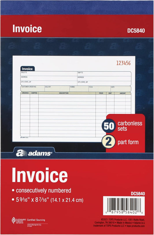 Adams Invoice Book 3 Pack, 2 Part Carbonless Invoices, Horizontal Sales Slip, 5-9/16 x 8-7/16 Inches, 50 Sets per Book (DC5840-3)